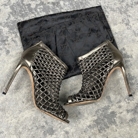 Gucci Eline Caged Bronze Metallic Booties Open Toe Sz 38.5 - Picture 12 of 16